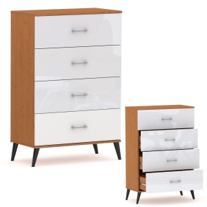 Komoda z szufladami wysoka na nóżkach RELIC 4N olcha / biała połysk 80 cm
