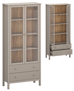 Witryna Wysoka Duża Przeszklona z Szufladami Taupe Kleo 2W2S