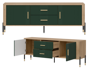 Szafka RTV z szufladami Stolik pod telewizor Dąb Zielony Złoty DANTE DT01