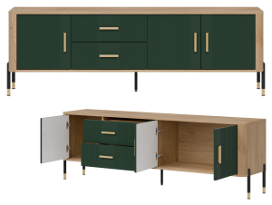 Szafka RTV z szufladami Stolik pod telewizor Dąb Zielony Złoty DANTE DT02