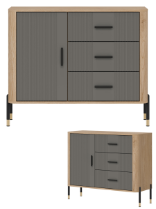 Komoda Szafka jednodrzwiowa z 3 szufladami Dąb Szary Czarny DANTE DT03