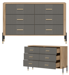 Komoda Szafka z 6 szufladami Szeroka 140 cm Dąb Szary Złoty DANTE DT04