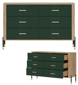 Komoda Szafka z 6 szufladami Szeroka 140 cm Dąb Zielony Złoty DANTE DT04