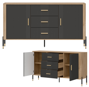 Komoda Szafka dwudrzwiowa z 3 szufladami Dąb Antracyt Złoty DANTE DT06