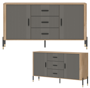 Komoda Szafka dwudrzwiowa z 3 szufladami Dąb Szary Czarny DANTE DT06