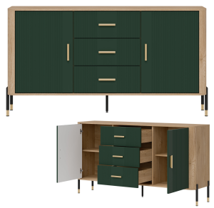 Komoda Szafka dwudrzwiowa z 3 szufladami Dąb Zielony Złoty DANTE DT06