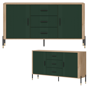 Komoda Szafka dwudrzwiowa z 3 szufladami Dąb Zielony Czarny DANTE DT06