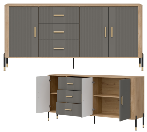 Komoda Szafka trzydrzwiowa z 3 szufladami Dąb Szary Złoty DANTE DT07