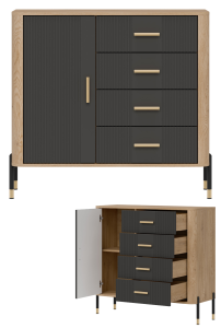 Komoda Szafka jednodrzwiowa z 4 szufladami Dąb Antracyt Złoty DANTE DT08