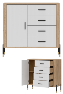 Komoda Szafka jednodrzwiowa z 4 szufladami Dąb Biały Czarny DANTE DT08