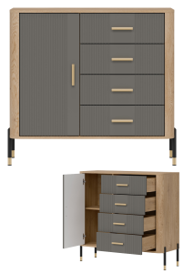 Komoda Szafka jednodrzwiowa z 4 szufladami Dąb Szary Złoty DANTE DT08