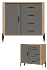 Komoda Szafka jednodrzwiowa z 4 szufladami Dąb Szary Czarny DANTE DT08