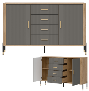 Komoda Szafka dwudrzwiowa z 4 szufladami Dąb Szary Złoty DANTE DT09