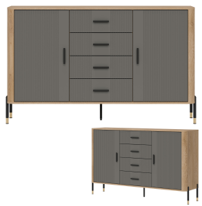 Komoda Szafka dwudrzwiowa z 4 szufladami Dąb Szary Czarny DANTE DT09