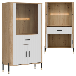 Witryna niska z szufladą Szafka przeszklona Dąb Biały Czarny DANTE DT12