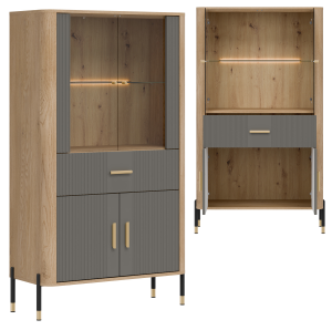 Witryna niska z szufladą Szafka przeszklona Dąb Szary Złoty DANTE DT12