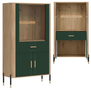 Witryna niska z szufladą Szafka przeszklona Dąb Zielony Złoty DANTE DT12