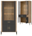 Witryna wysoka z szufladą Szafka przeszklona Dąb Antracyt Złoty DANTE DT14