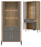 Witryna wysoka z szufladą Szafka przeszklona Dąb Szary Złoty DANTE DT14