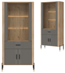 Witryna wysoka z szufladą Szafka przeszklona Dąb Szary Czarny DANTE DT14