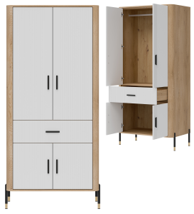 Szafa wąska z szufladą na ubrania do pokoju Dąb Biały Czarny DANTE DT16