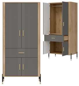 Szafa wąska z szufladą na ubrania do pokoju Dąb Szary Złoty DANTE DT16