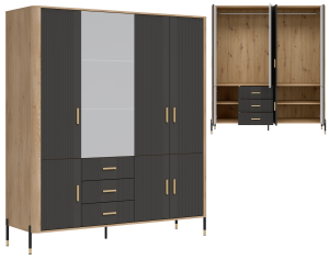 Szafa z lustrem i szufladami pokojowa 185 cm Dąb Antracyt Złoty DANTE DT17