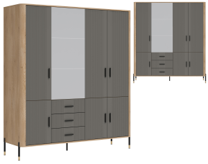 Szafa z lustrem i szufladami pokojowa 185 cm Dąb Szary Czarny DANTE DT17